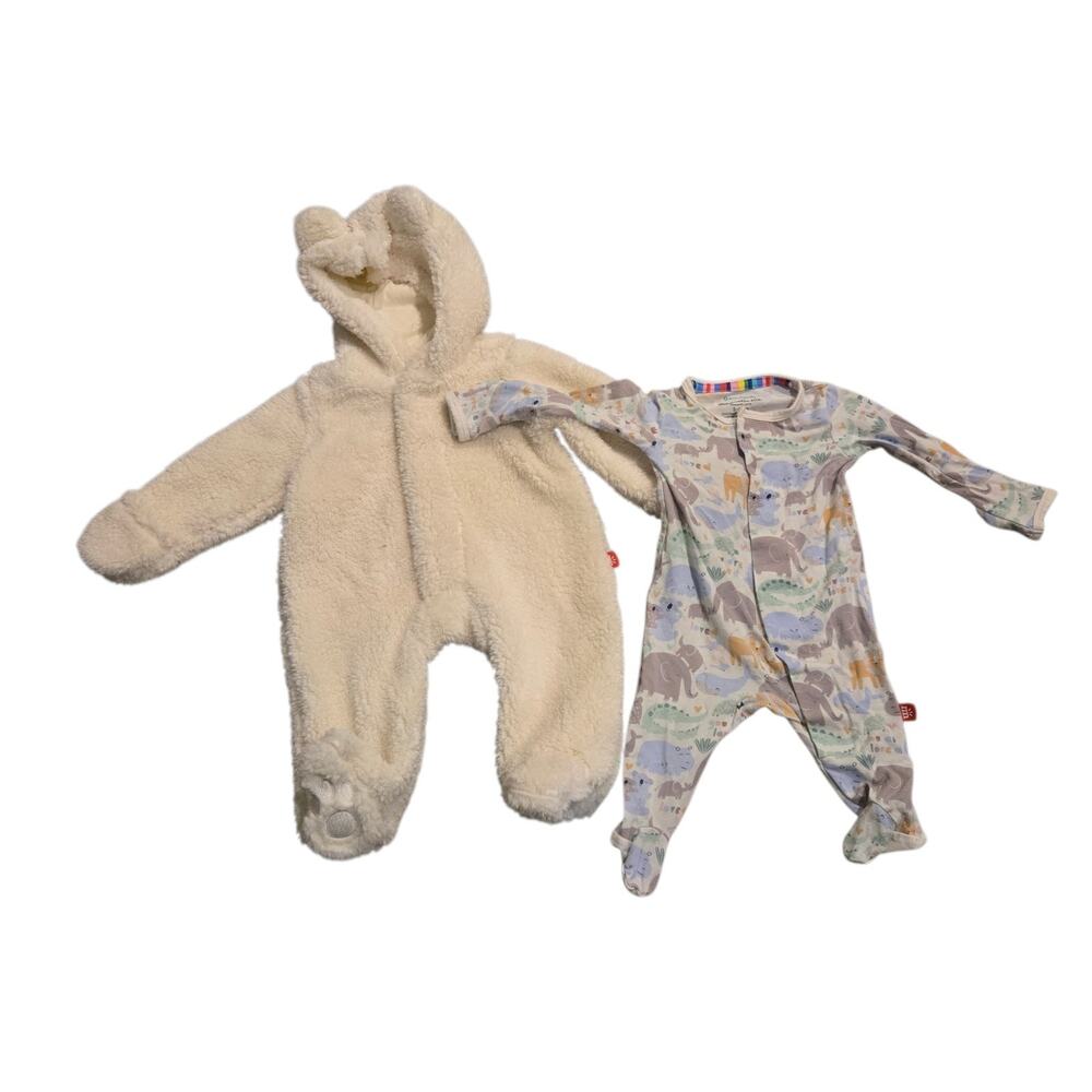 Magnetic Me Newborn Baby Fleece Pram Coveralls Hooded Cream Pajama Lot Of 2